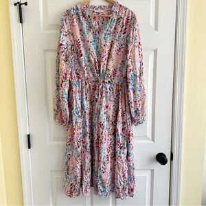 Chicsoul Pink Floral‎ Ruffle Cap Sleeve Baby Doll Tiered Midi Dress 1X